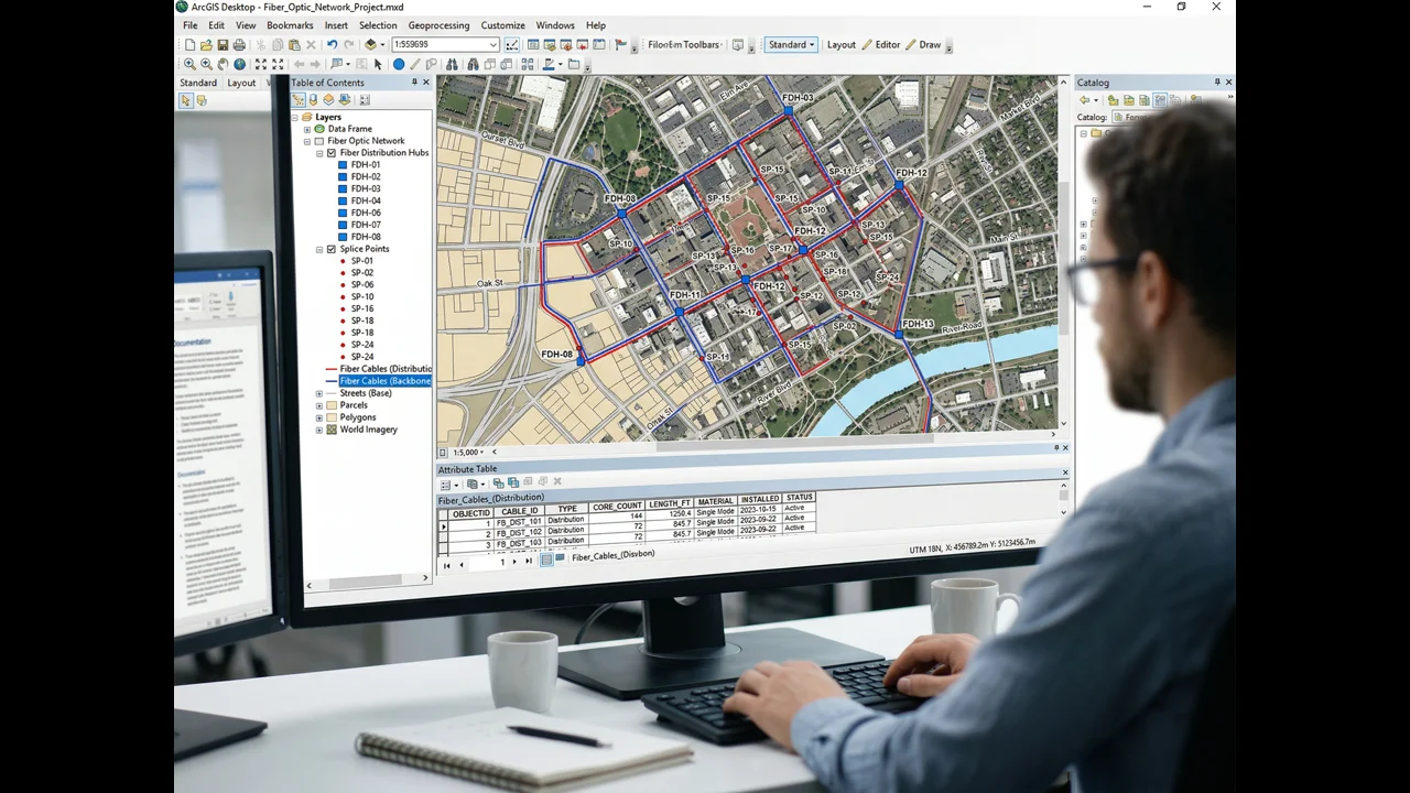 ArcGIS fiber network GIS design software showing distribution hubs and cable routes