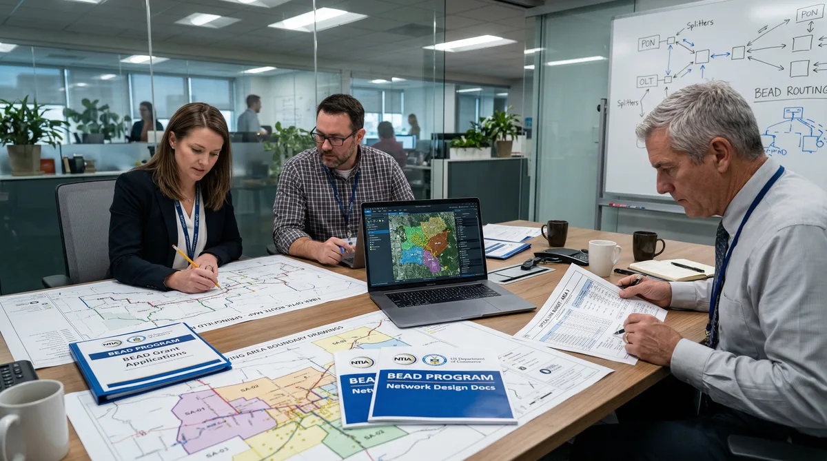 Engineering team reviewing BEAD fiber network HLD serving area maps and GIS data with NTIA program documentation on conference table