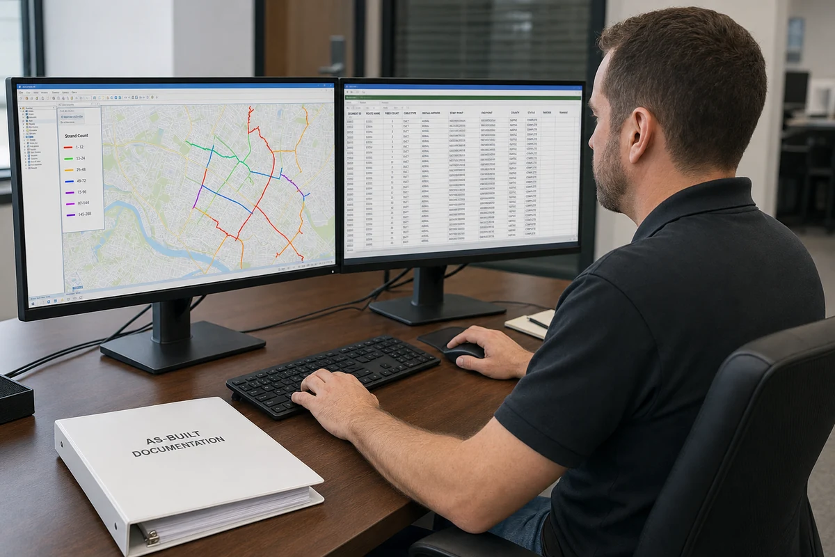 OSP engineer reviewing fiber as-built GIS documentation on dual monitors with NTIA schema spreadsheet
