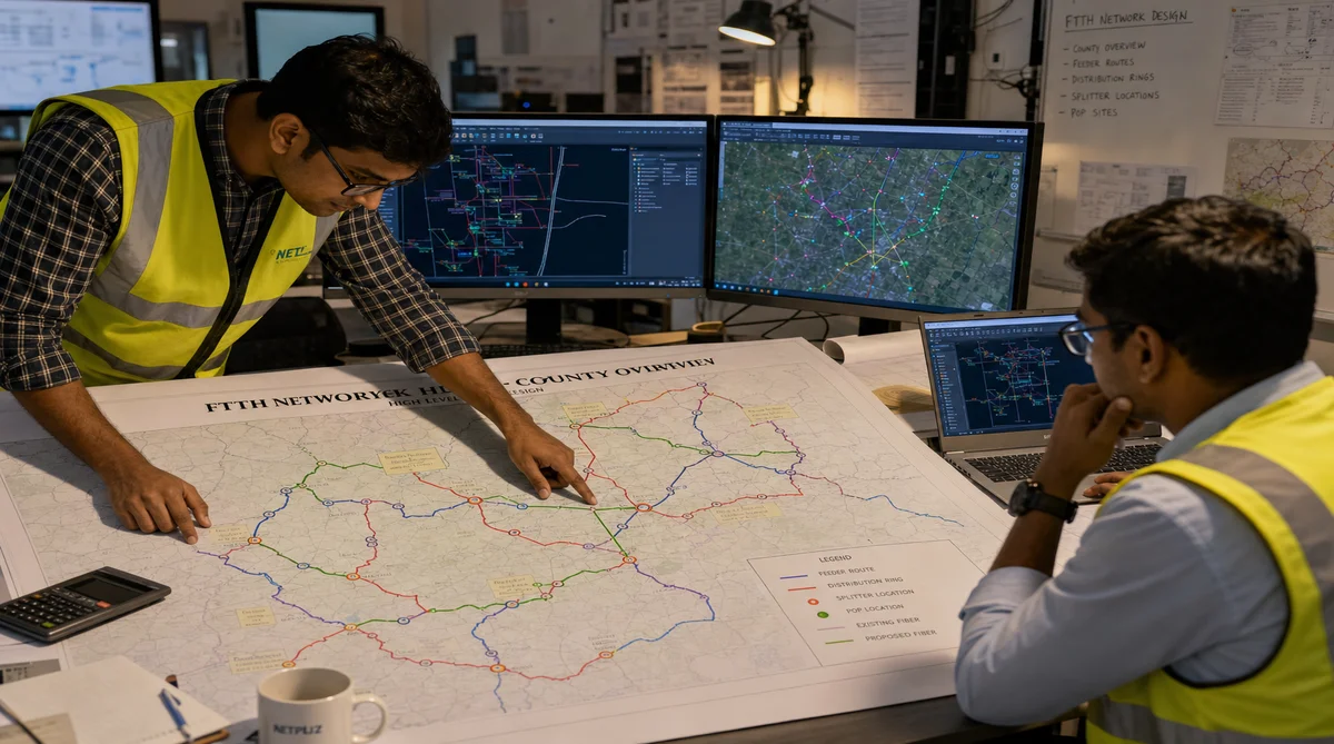 Fiber network engineer reviewing FTTH high level design route map with ISP project manager