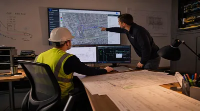 OSP engineer reviewing fiber network design plans with ISP project manager in mobile command center