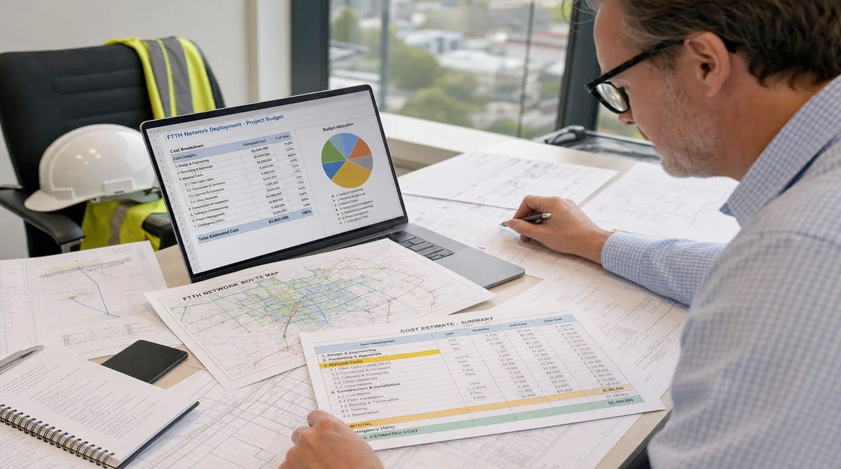 OSP engineering project manager reviewing per-mile cost breakdown for fiber network build