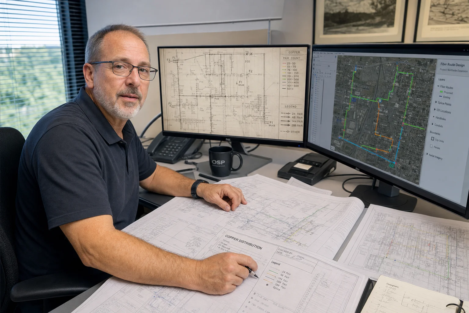 OSP engineer reviewing copper outside plant records alongside fiber route design drawings on a dual-monitor workstation