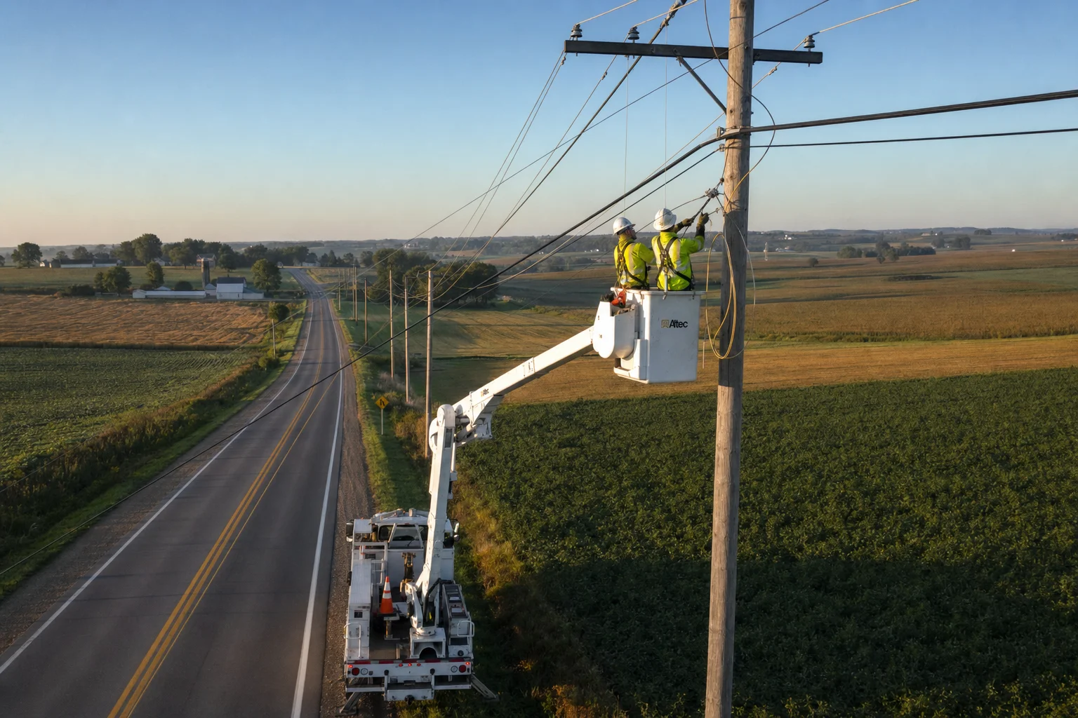 Aerial view of rural electric cooperative infrastructure with fiber optic cable being installed along utility poles across a farmland landscape
