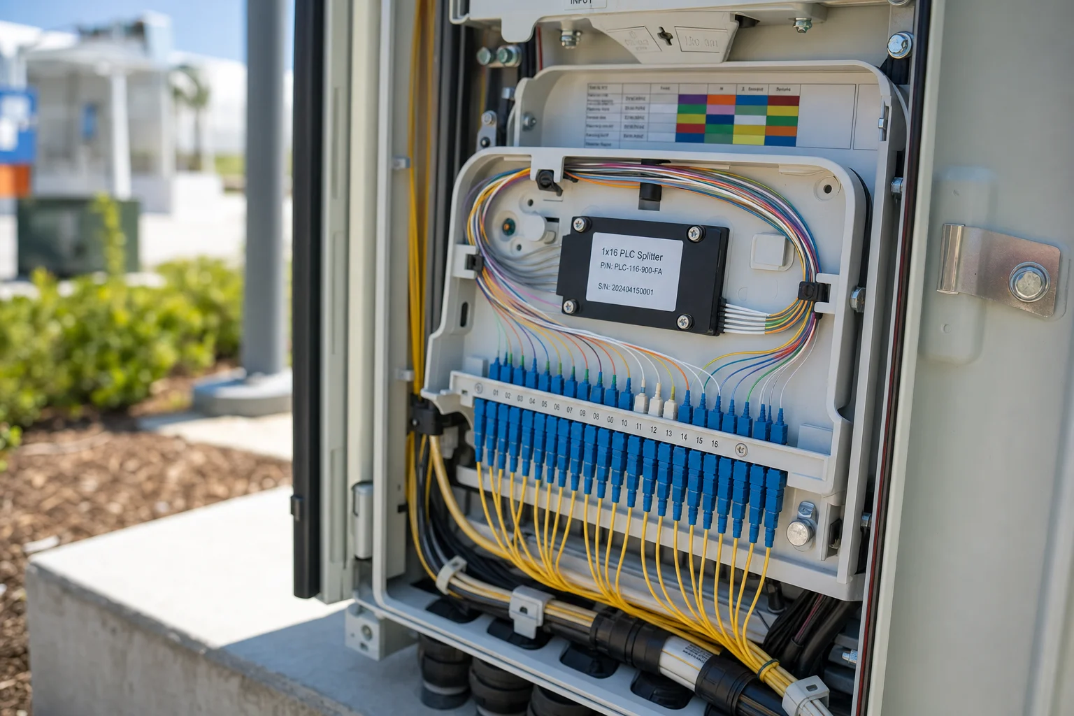 GPON fiber network design diagram showing OLT, feeder fiber, passive optical splitters, and FTTH subscriber drops in a distribution architecture