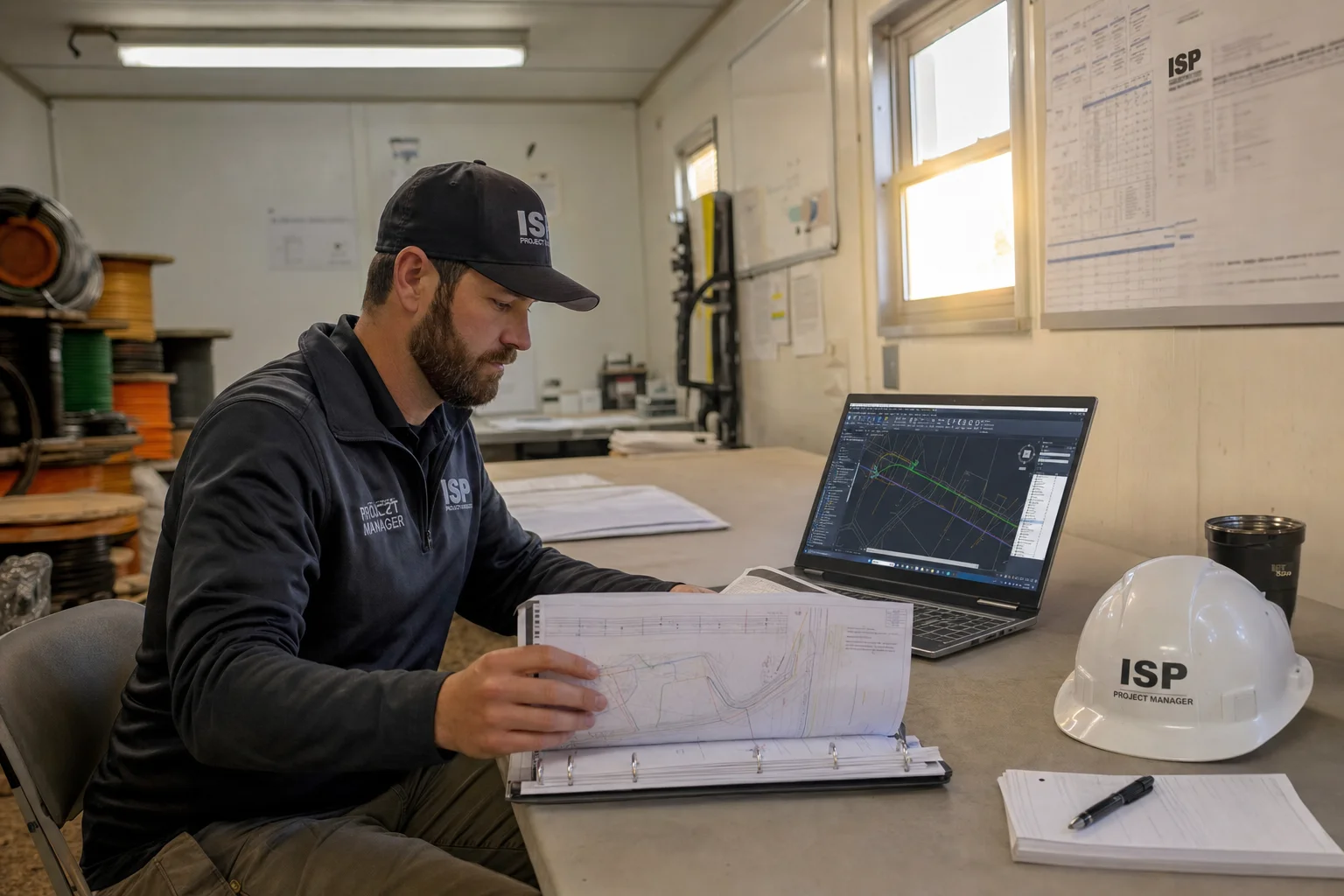 ISP project manager reviewing fiber design engineer portfolio and qualification checklist on a laptop in a site trailer