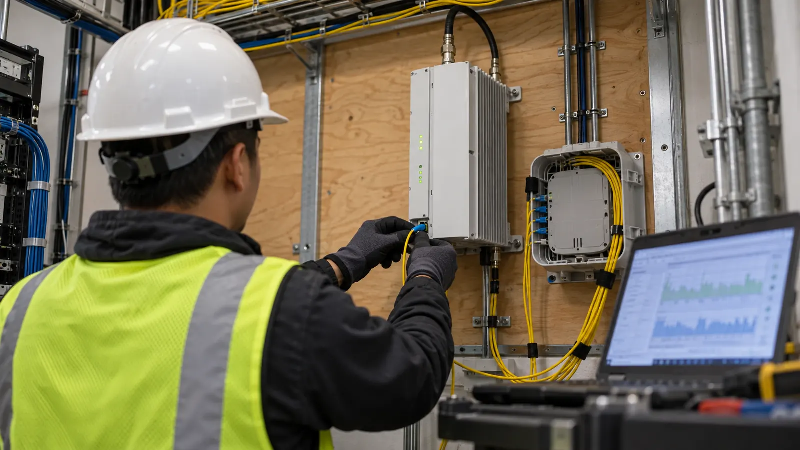 A technician in a white hard hat and safety vest plugs a yellow cable into a wall-mounted unit in an equipment room.