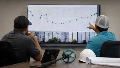 OSP coordinators reviewing aerial make-ready route points and pole photographs