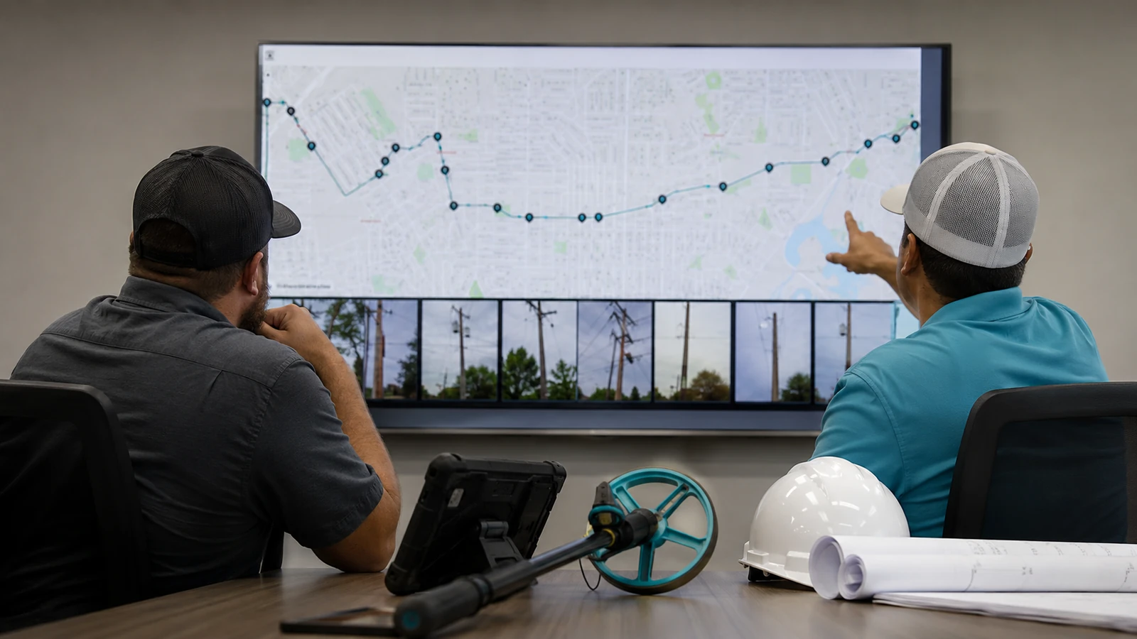 OSP coordinators reviewing aerial make-ready route points and pole photographs