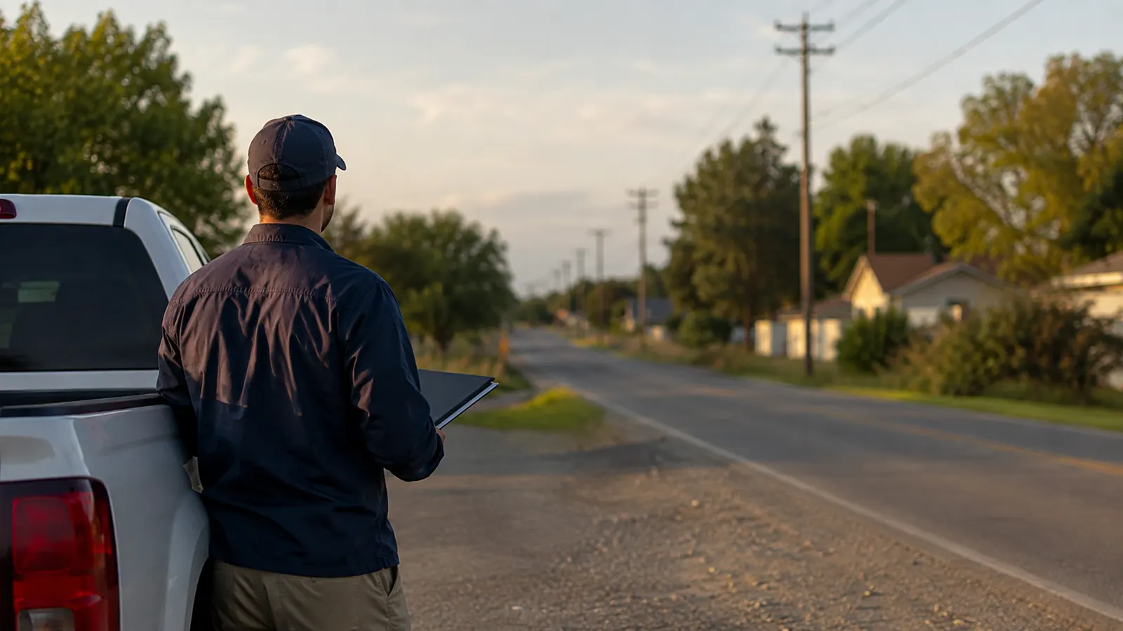 Field coordinator with a clipboard stands beside a pickup on a suburban roadside.