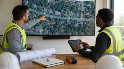 OSP engineers reviewing an aerial fiber route map on an unbranded operations-room display