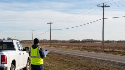 Worker in a safety vest holding a clipboard beside a pickup truck, looking up at utility poles along a rural road.