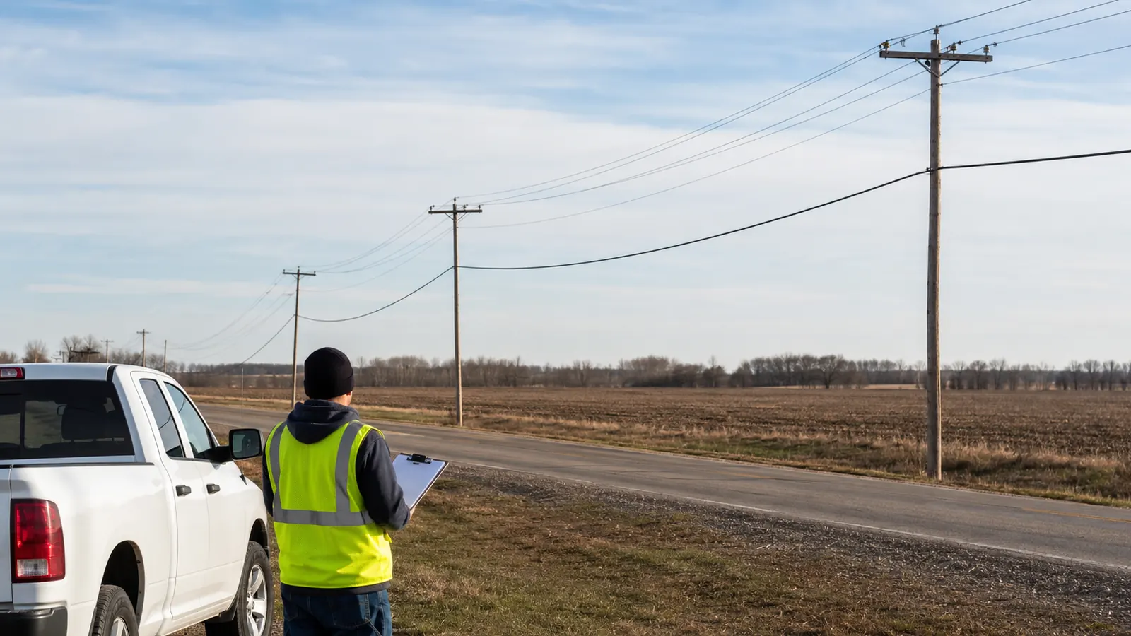 Worker in a safety vest holding a clipboard beside a pickup truck, looking up at utility poles along a rural road.