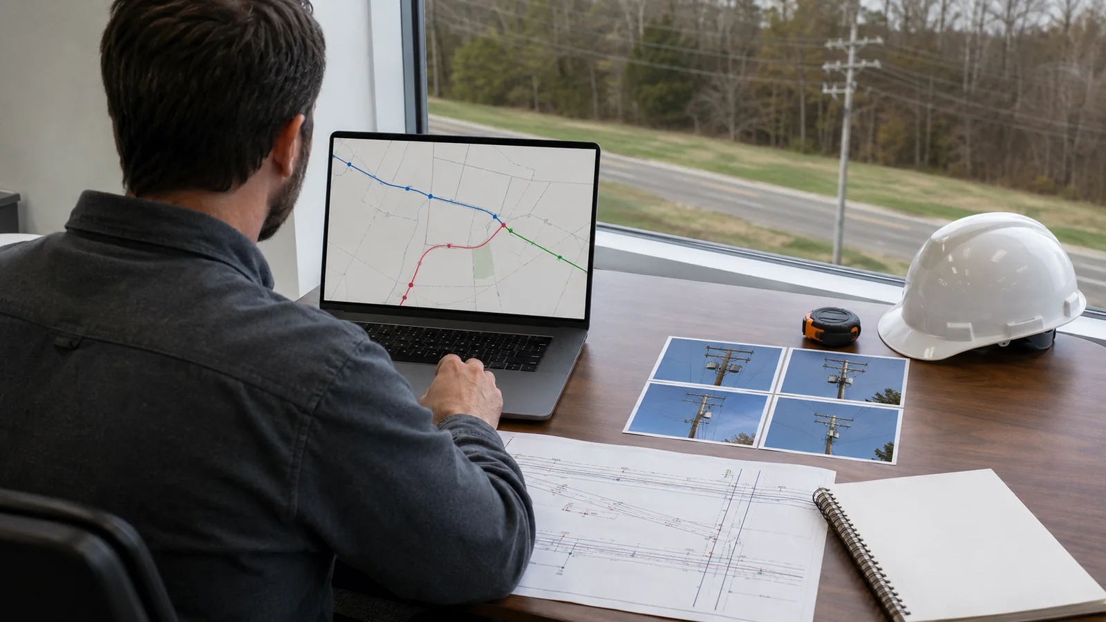 A permit coordinator reviews an unlabeled aerial fiber route map beside pole photographs and roadway plans