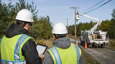 Two workers in hard hats and high-visibility vests review aerial route plans beside a roadside utility line.