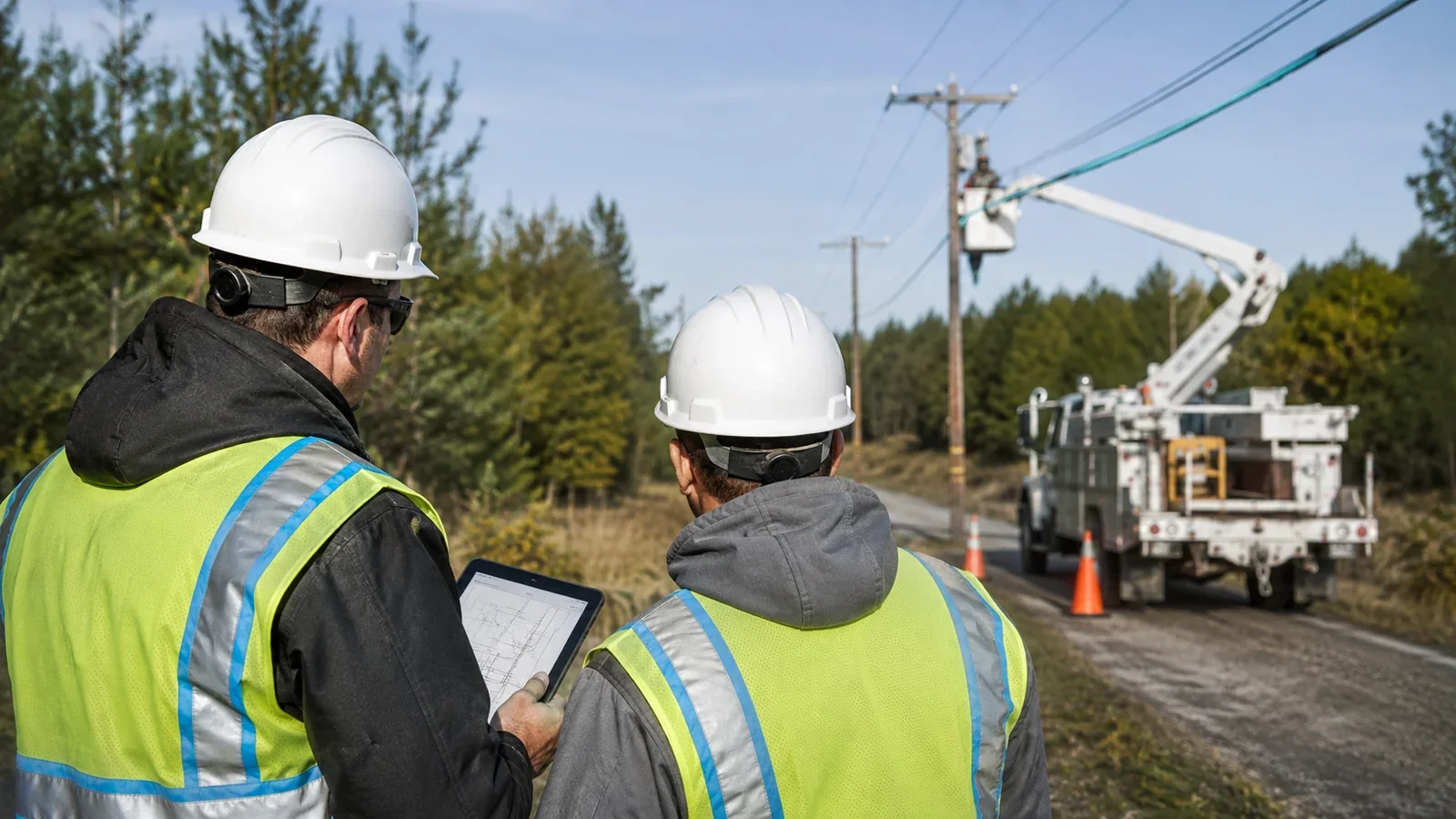 Two workers in hard hats and high-visibility vests review aerial route plans beside a roadside utility line.