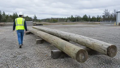 Engineer walks beside full-length wooden utility poles staged in an inspection yard.