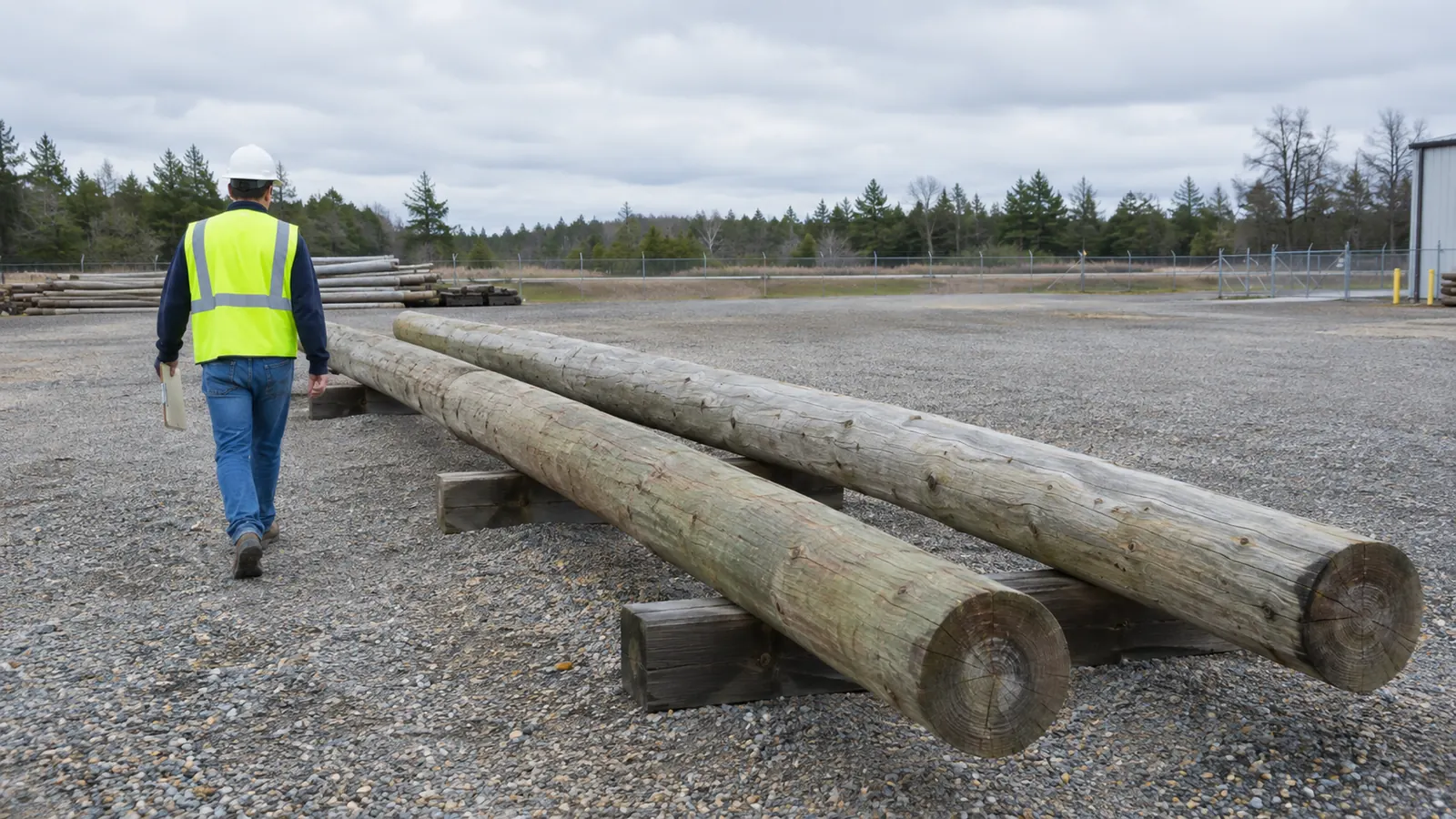 Engineer walks beside full-length wooden utility poles staged in an inspection yard.