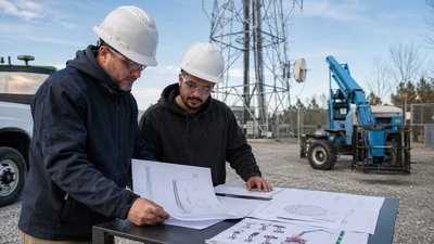 Wireless project manager reviewing an antenna installation package with a tower crew at ground level