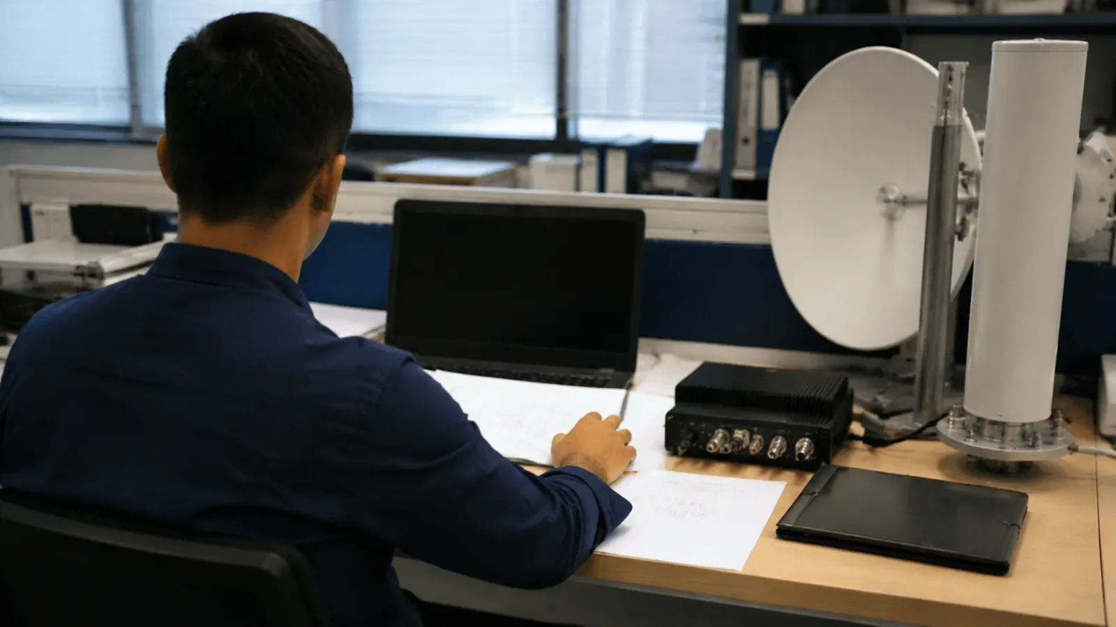 Engineer at an office desk writing on paper beside a laptop, with a dish antenna and radio equipment nearby.