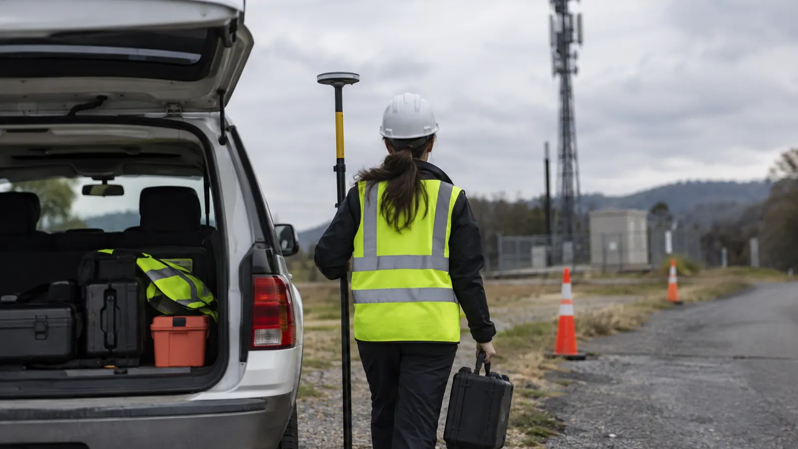 A worker in a hard hat and safety vest carries a GPS survey pole and case from a white SUV toward a fenced cell tower.