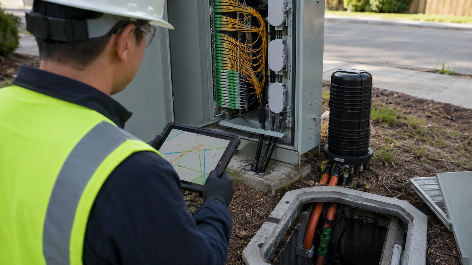 OSP technician checking an unlabeled network map beside an open fiber distribution cabinet and handhole