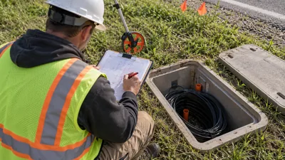 A worker in a hard hat and safety vest marks up a plan on a clipboard beside an open roadside vault with coiled cable.