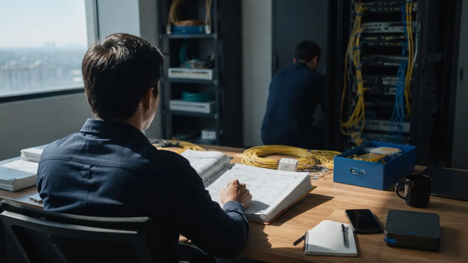 A person at a desk reviews a binder of drawings beside coiled yellow fiber as a coworker works at a network rack.