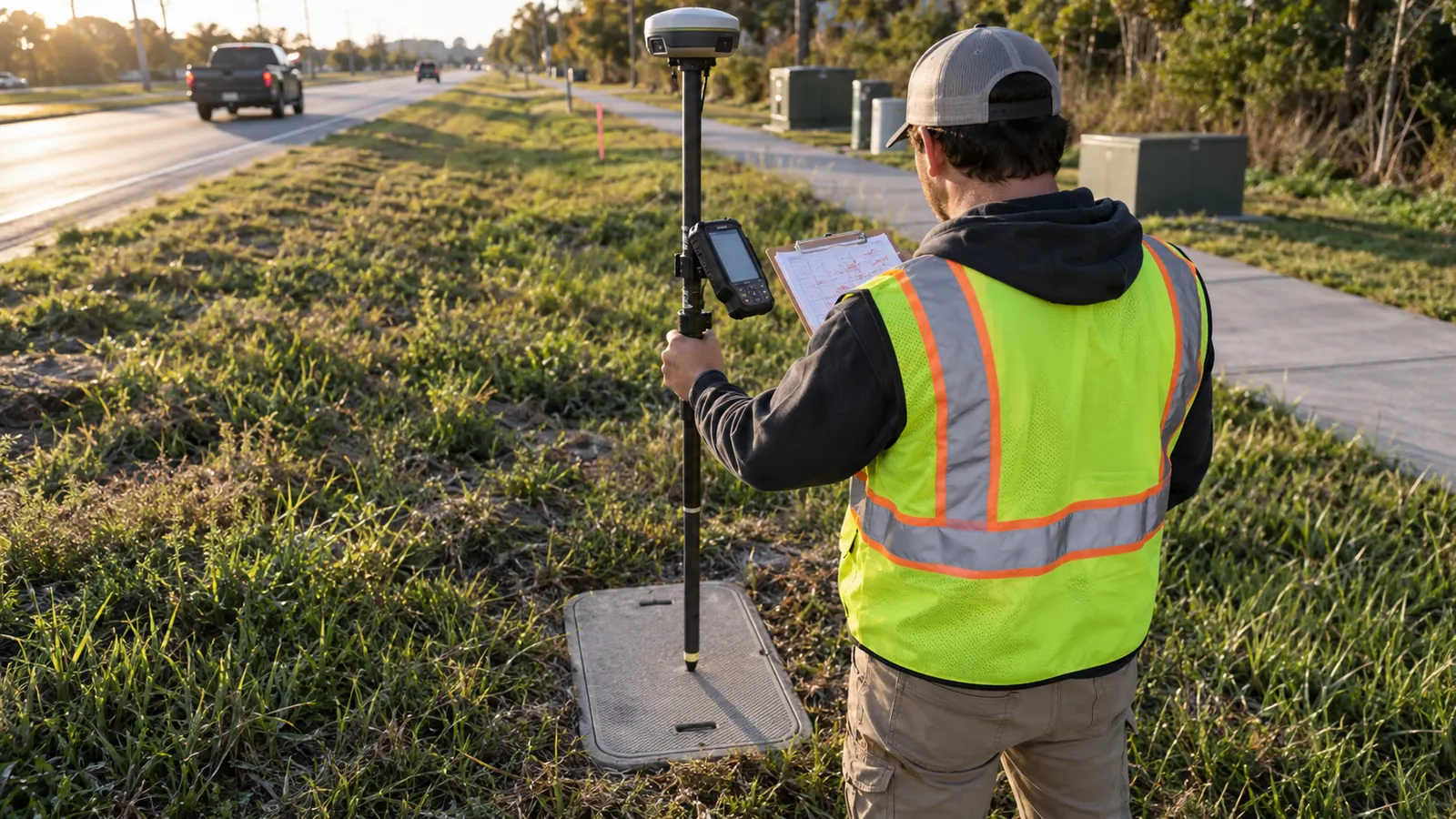 A worker in a safety vest holds a GPS survey pole on a roadside utility box lid while reading a clipboard drawing.