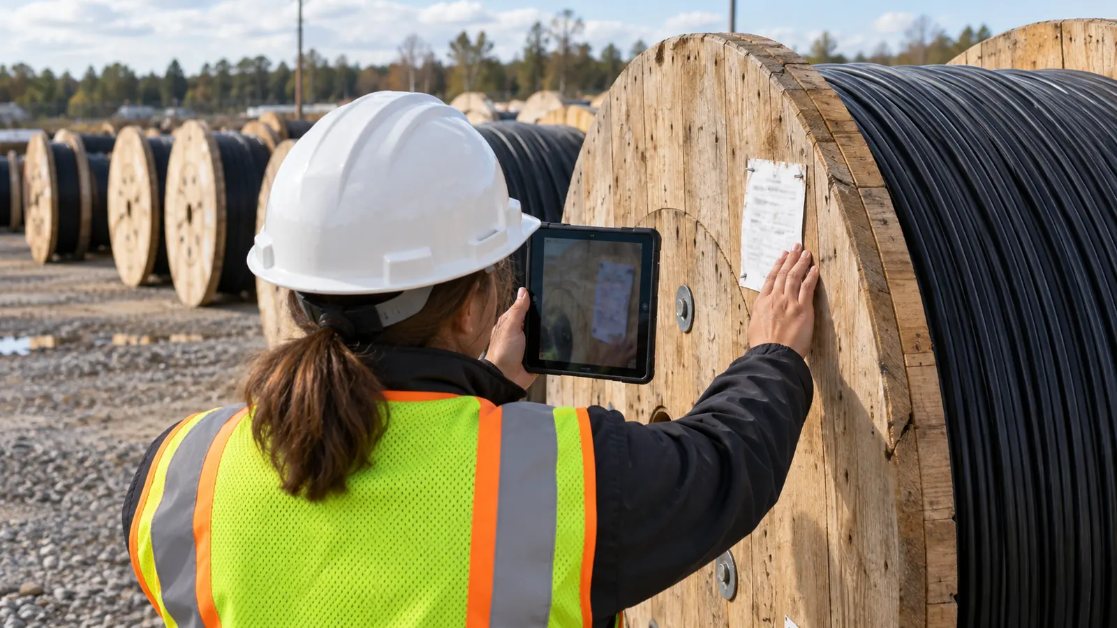 Worker in a hard hat and safety vest photographs a tag on a wooden reel of black cable in a gravel reel yard.