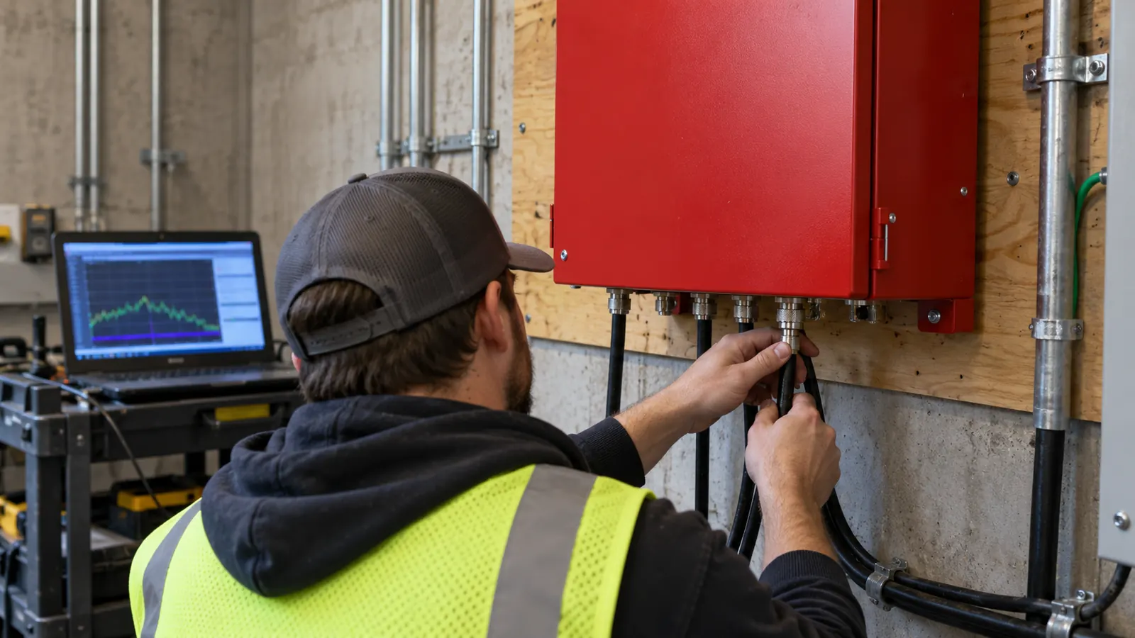 A worker in a hi-vis vest connects cables to a red wall-mounted enclosure in a concrete room, with a laptop nearby.