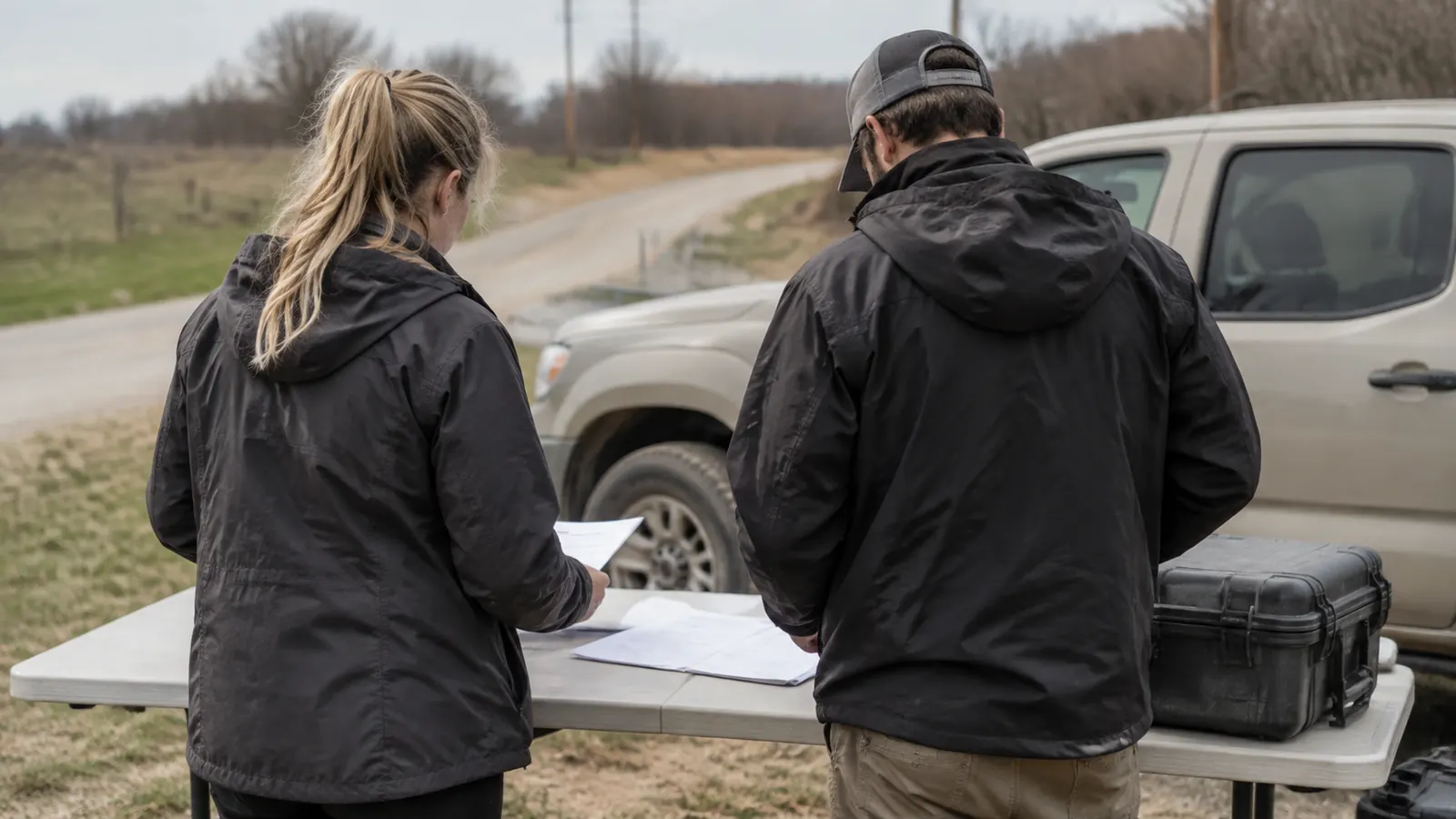 Two project staff review blank field documents beside a pickup on a rural road.