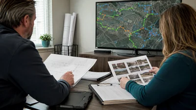 Broadband engineers reviewing completed routes, as-built sheets, and field evidence