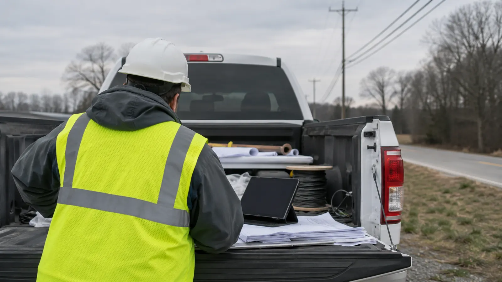 Worker in a hard hat and high-visibility vest reviews plans and a tablet on a pickup tailgate along a rural road.