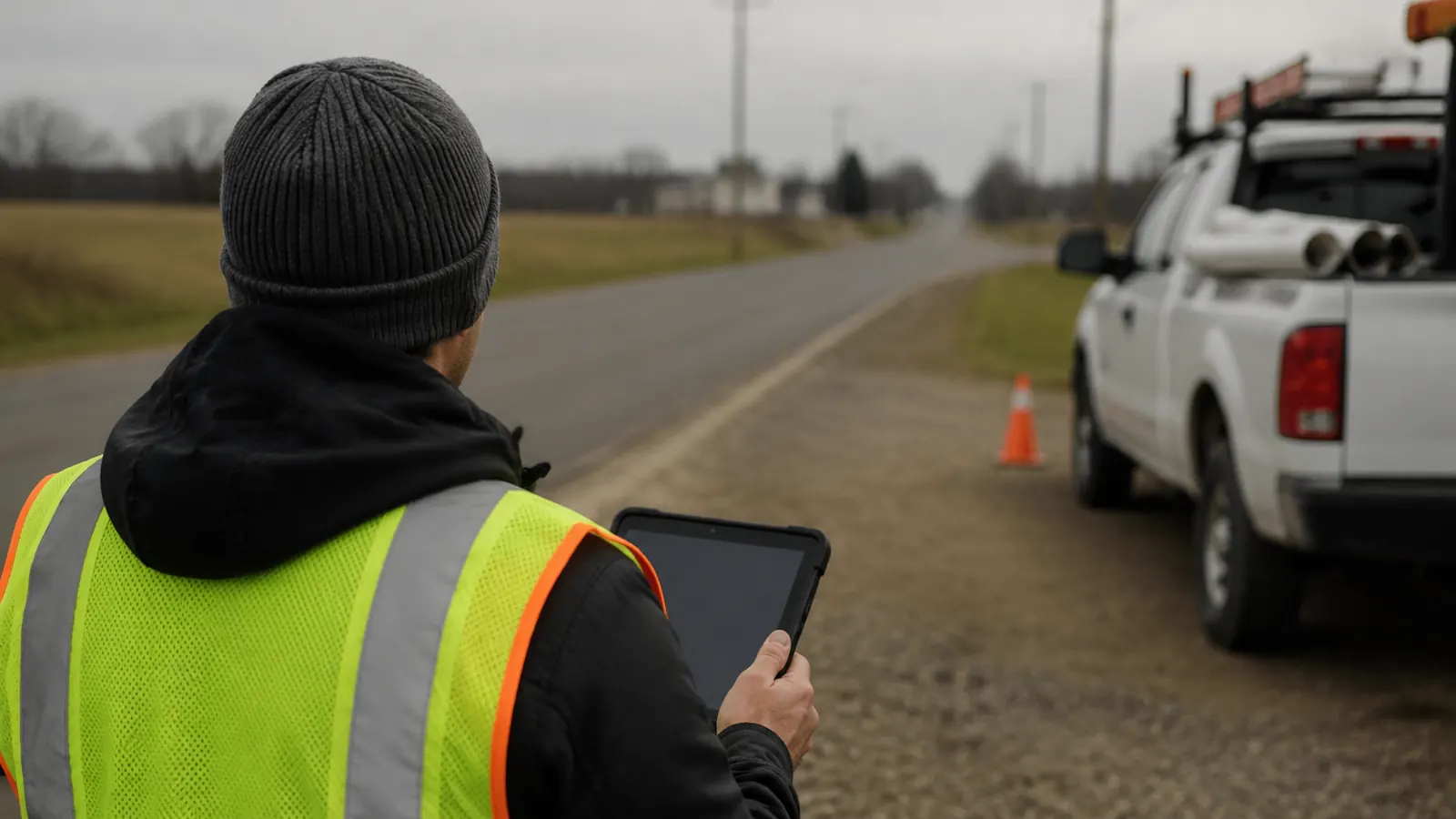 Worker in a hi-vis vest holds a tablet on a rural roadside beside a parked pickup truck and traffic cone.