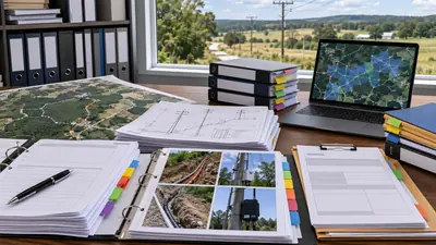 Broadband compliance review table with rural route maps, inspection photos, and organized records