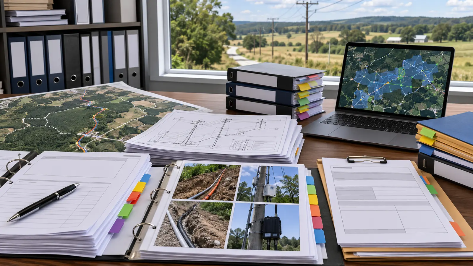 Broadband compliance review table with rural route maps, inspection photos, and organized records