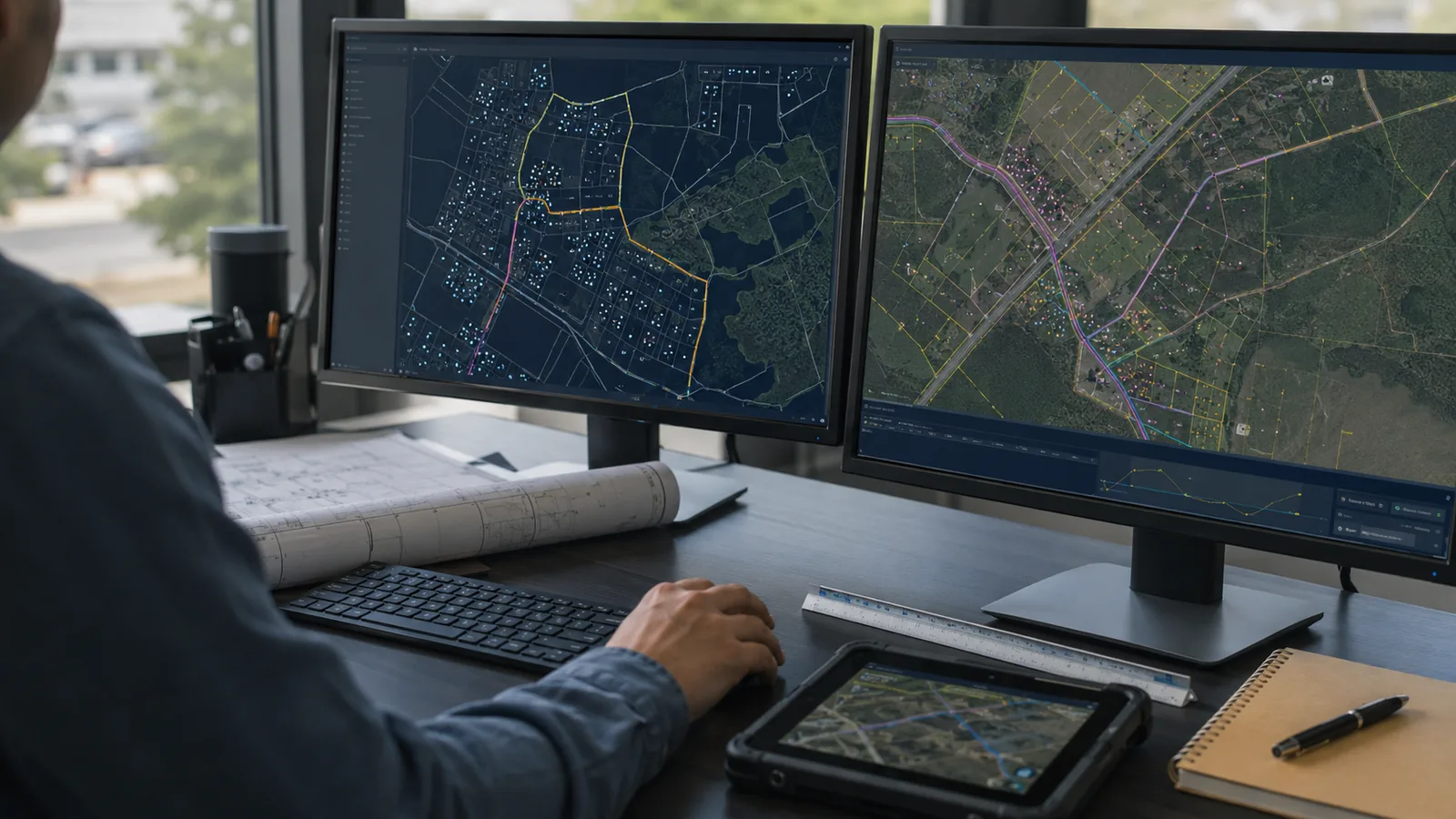 Engineer reviewing BEAD GIS deliverables in a CAD and GIS fiber network workspace