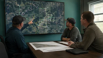 Rural ISP and OSP engineers reviewing service locations and phased fiber routes