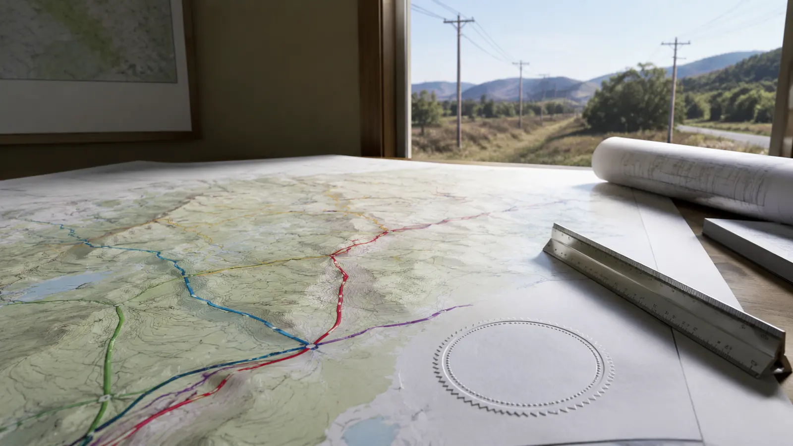 Rural broadband route plan with an engineer scale and blank certification seal area