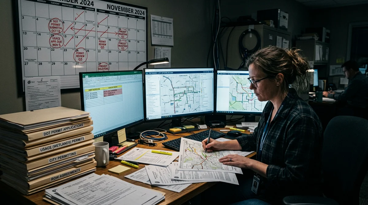 OSP permitting engineer at desk with stacked DOT, USACE and ROW permit folders, dual monitors showing fiber route maps and a wall calendar marked with permit deadlines