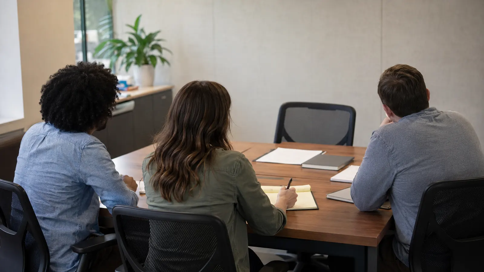 Three project staff review blank documents at a conference table.