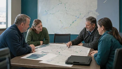 Broadband project team reviewing a rural service-area map and technical assistance materials