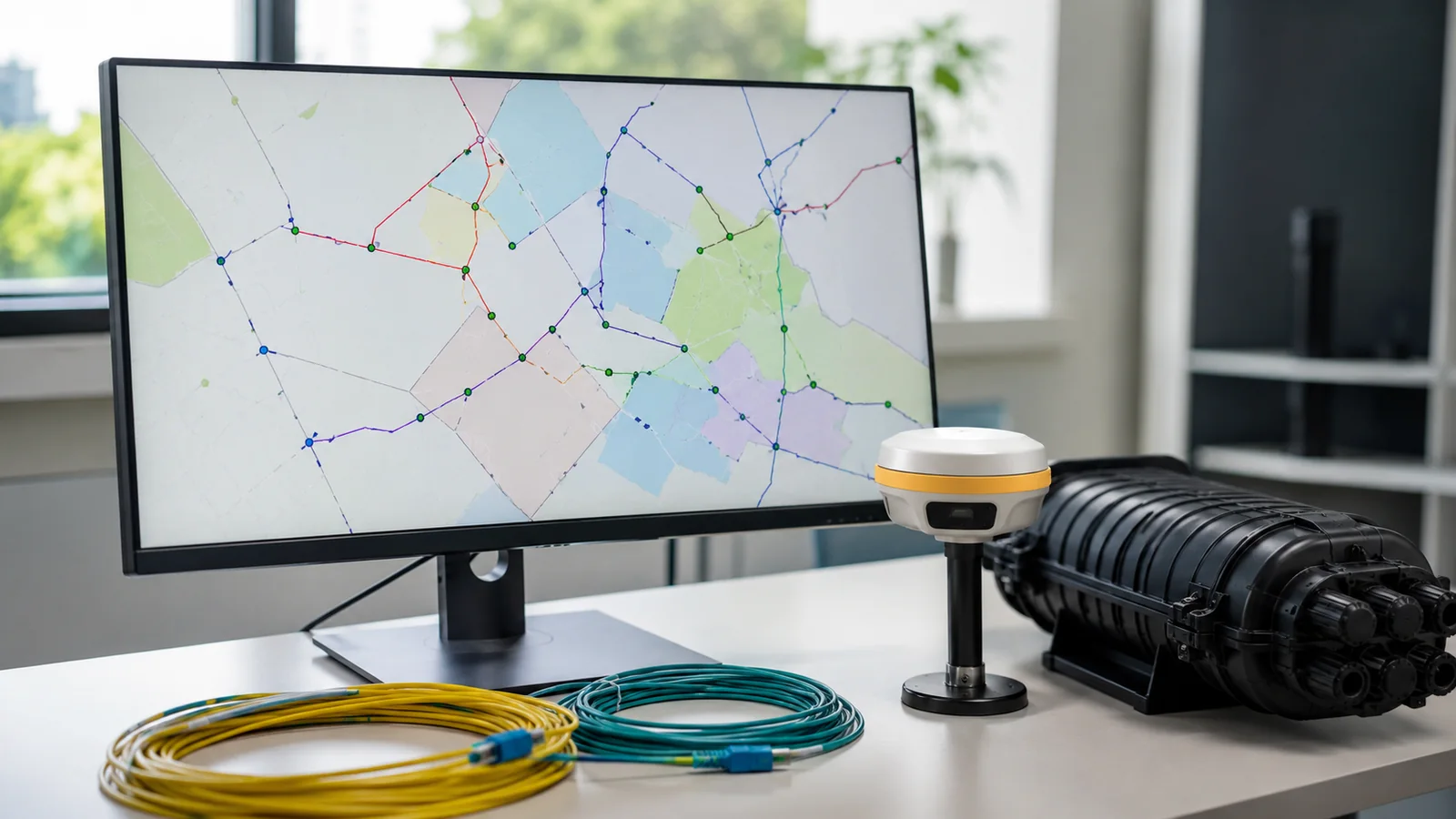 An unlabeled broadband GIS route map displayed beside a GNSS receiver, fiber enclosure, and patch cords
