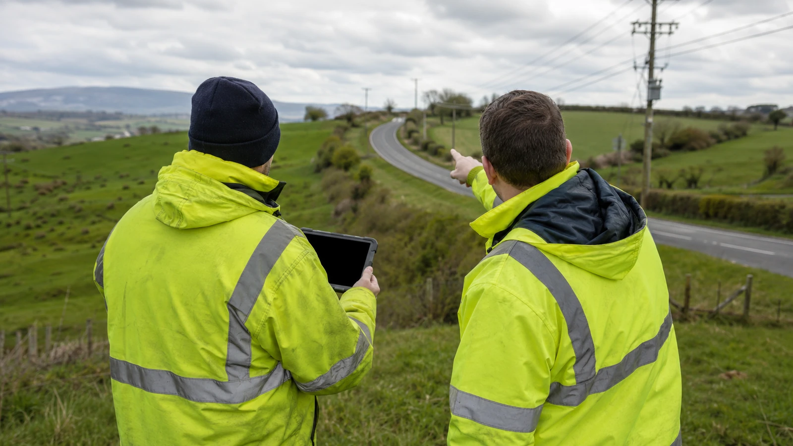 Two field planners viewed from behind using a blank tablet and pointing along a rural road and utility corridor