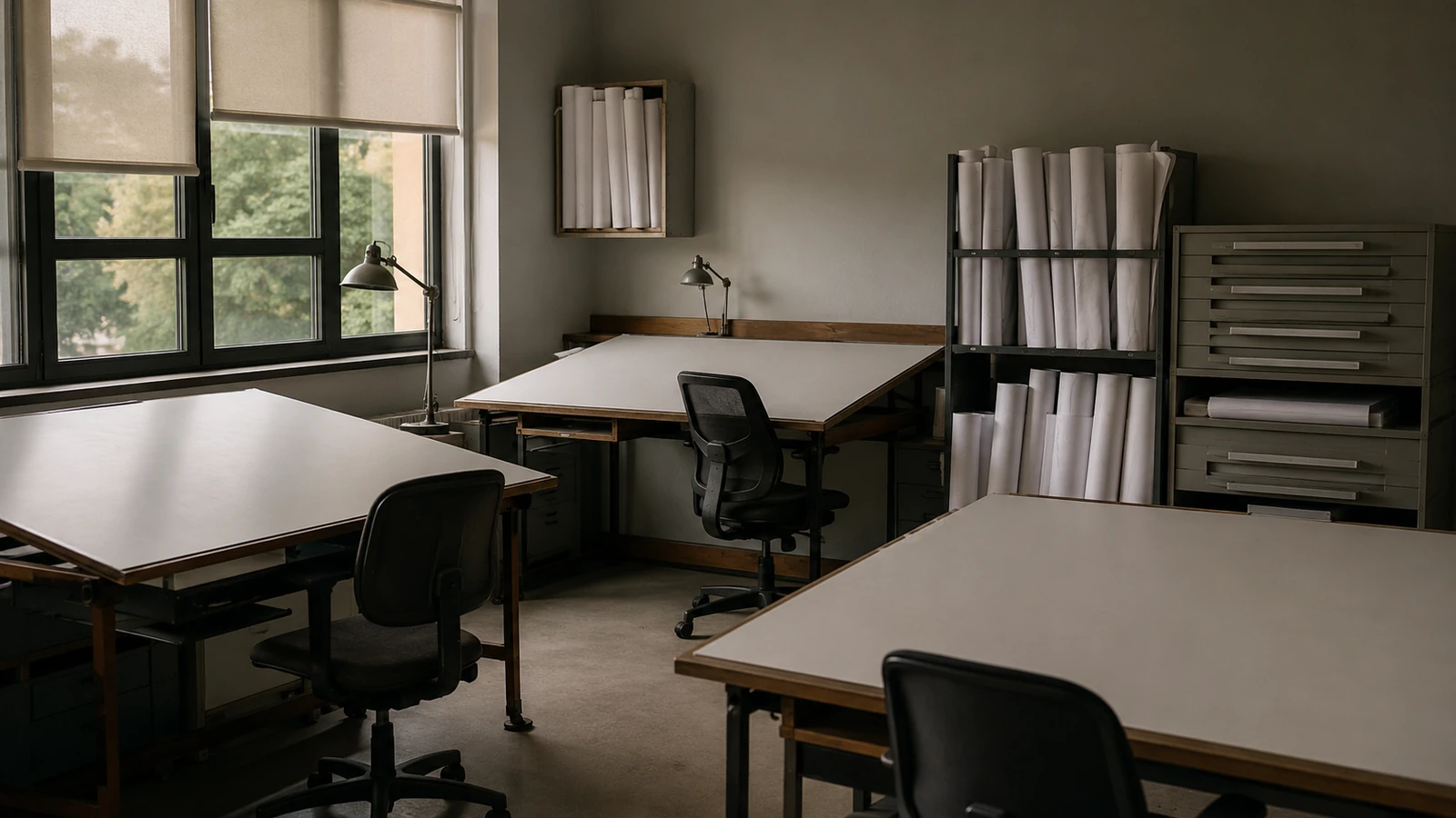 Empty drafting studio with three blank worktables, task chairs, plan racks, and rolled white sheets in window light