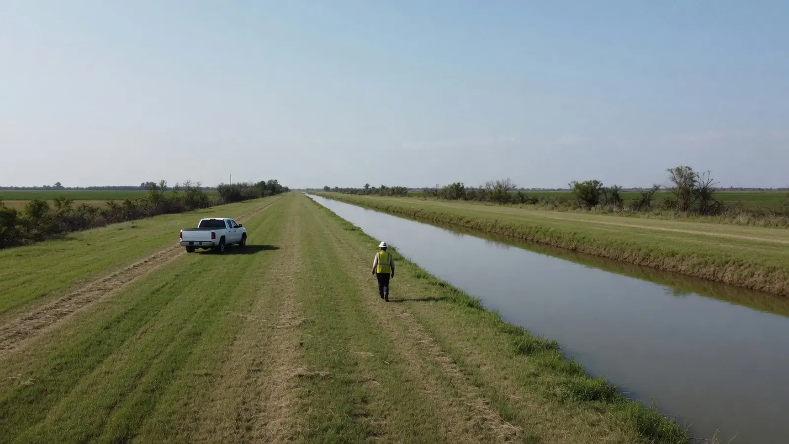 A worker in a yellow vest and white hard hat walks away along a grassy canal bank past a parked white pickup.