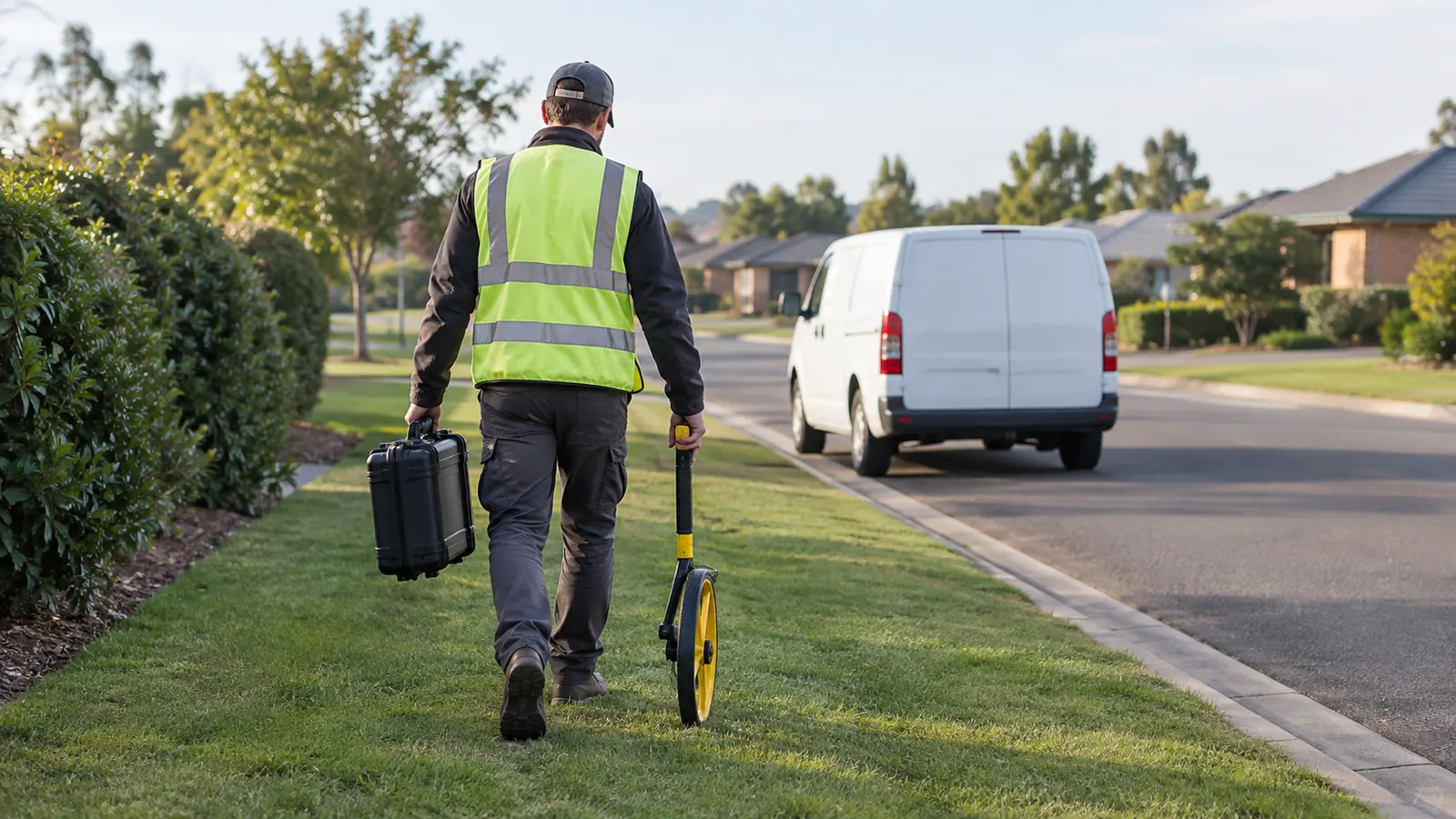 Field surveyor carries a measuring wheel and equipment case along a suburban grass verge.