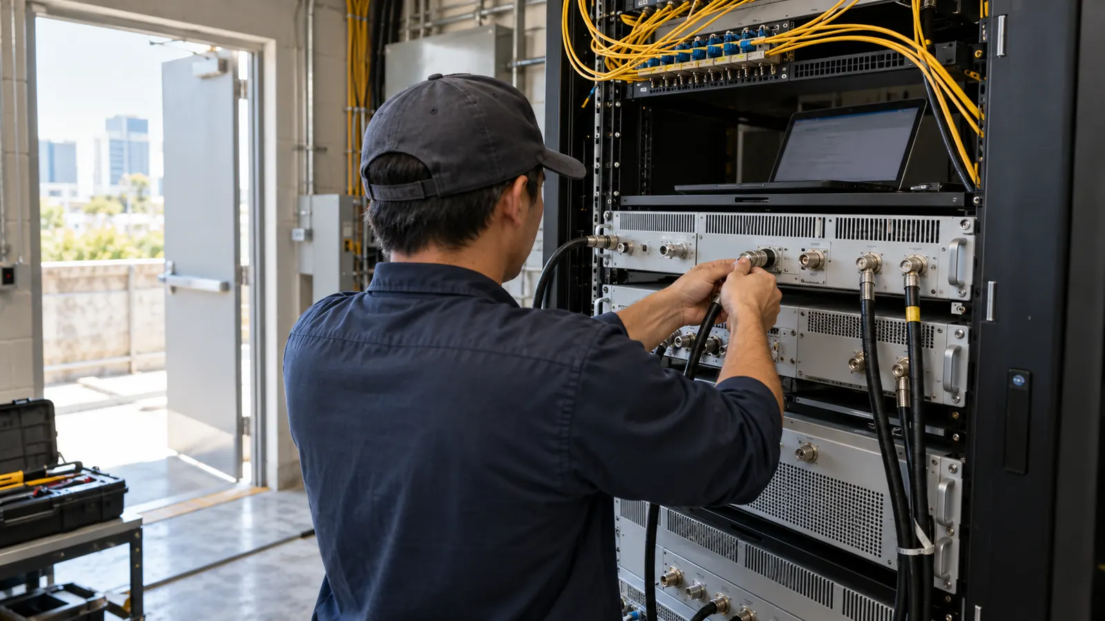 A technician in a cap connects a black cable to rack-mounted equipment in an equipment room beside an open door.