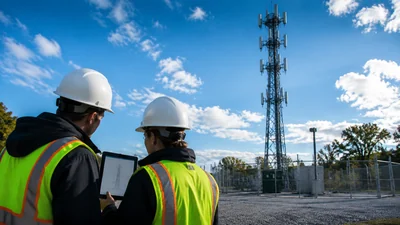 Two engineers review an unlabeled antenna elevation on a tablet from outside a fenced multi-tenant macro tower compound.